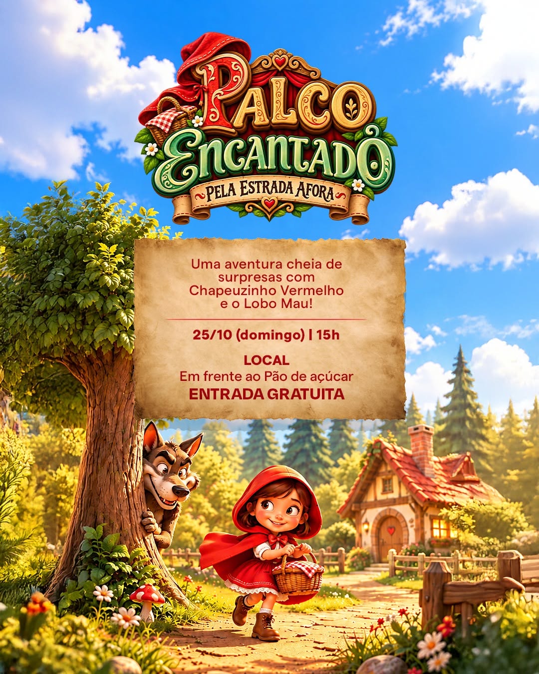 Teatro infantil gratuito no Shopping São Carlos apresenta a peça Pela estrada afora neste domingo, 25 de outubro.